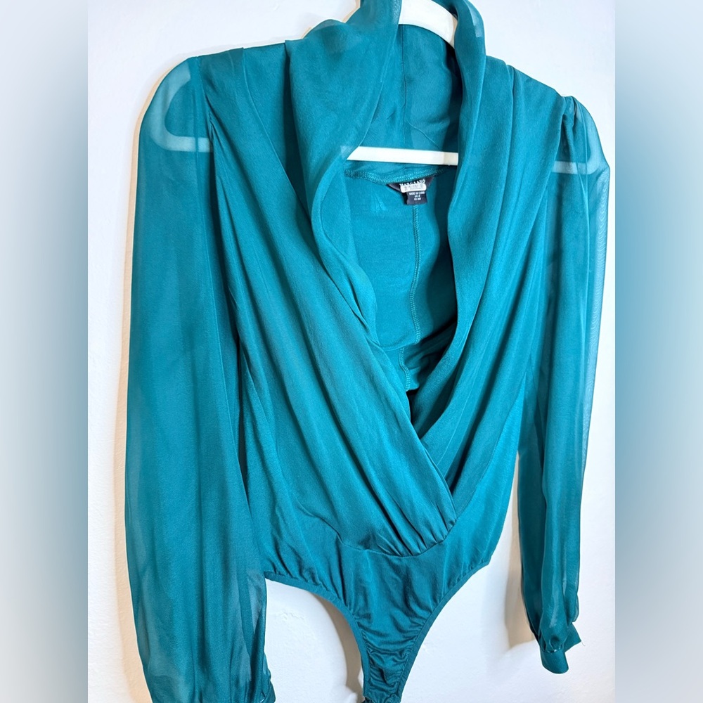 Marciano 100% Silk Teal Bodysuit Size 4 Sheer Sleeves Surplice Neckline Y2K